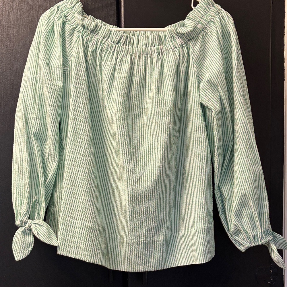 Lilly Pulitzer Mint Green Striped Off-Shoulder Tie-Cuff Blouse